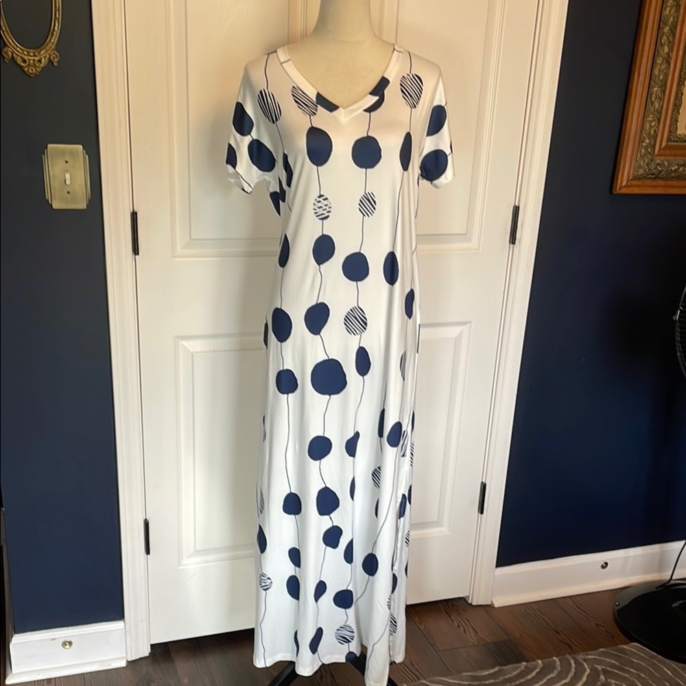 Chic White Maxi Dress with Navy Dots